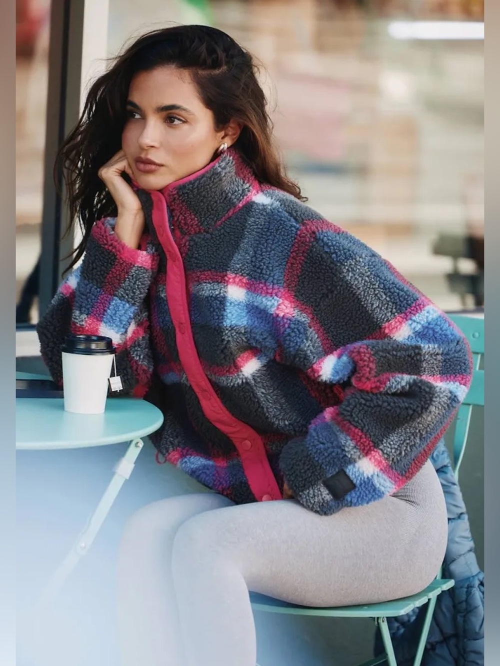 Fabletics Charcoal Teddy Jacket with Pink & Blue Plaid